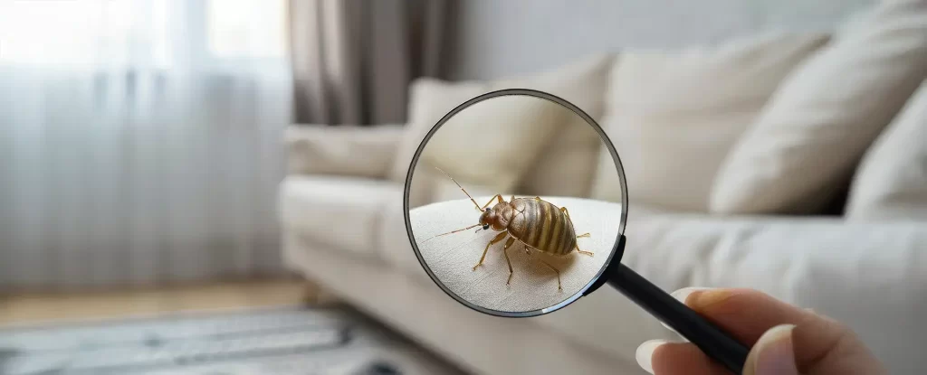 zdjęcie przedstawiające pluskwę pod lupą na tyle kanapy