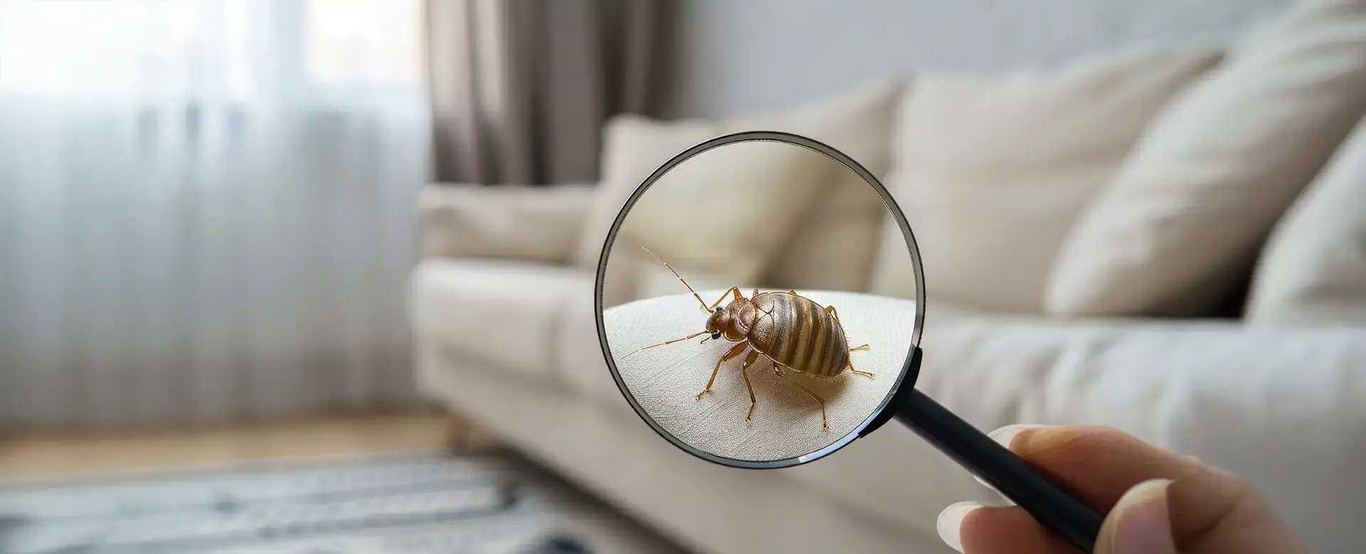 zdjęcie przedstawiające pluskwę pod lupą na tyle kanapy