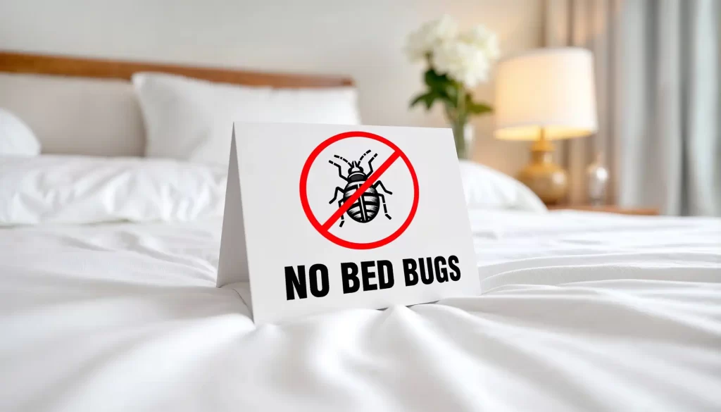 Kartka na hotelowym łóżku z przekreśloną pluskwą i napisem „NO BED BUGS”