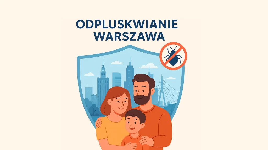 Ilustracja rodziny chronionej przed pluskwami na tle panoramy Warszawy, z napisem "Odpluskwianie Warszawa" i symbolem zakazu insektów — grafika promująca profesjonalne zwalczanie pluskiew w Warszawie