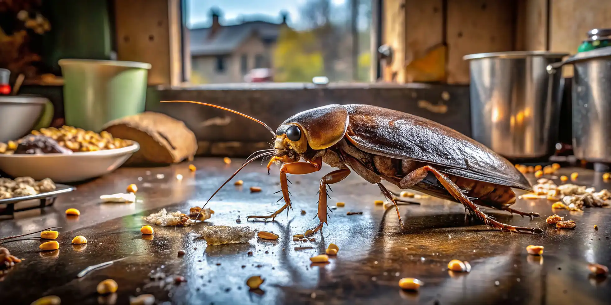 Karaluch na zabrudzonym blacie kuchennym – problem z karaluchami w domu, zwalczanie karaluchów, insekty w kuchni.