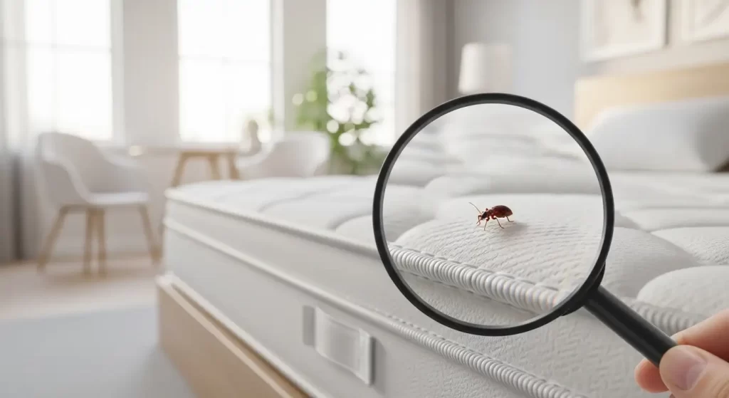 Inspekcja materaca za pomocą lupy, która powiększa pluskwę domową, dowodząc, że pluskwy mogą pojawić się nawet w czystym mieszkaniu.