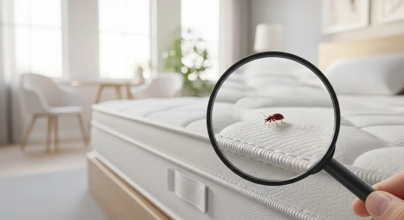 Inspekcja materaca za pomocą lupy, która powiększa pluskwę domową, dowodząc, że pluskwy mogą pojawić się nawet w czystym mieszkaniu.