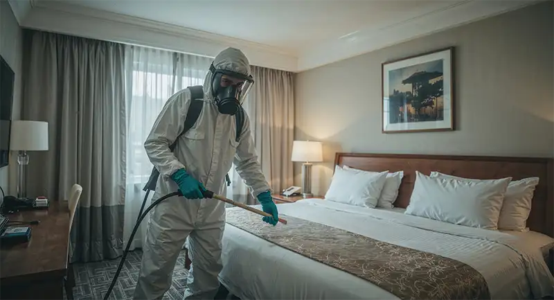 Technik w specjalistycznym kombinezonie przeprowadza profesjonalną dezynsekcję pluskiew w hotelu