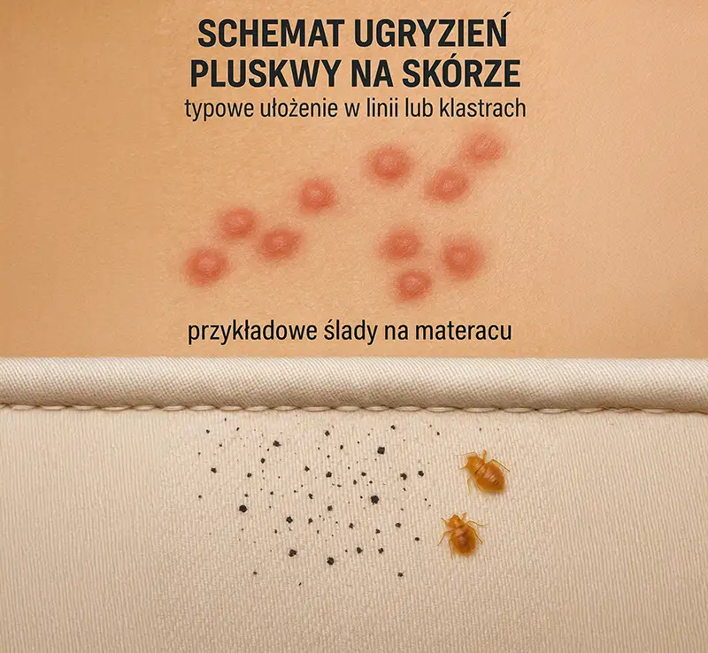 Schemat ugryzień pluskwy na skórze, pokazujący typowe ułożenie w linii lub klastrach, w połączeniu z przykładowymi śladami na materacu (czarne kropki, wylinki). To wizualne potwierdzenie jest kluczowe dla personelu.