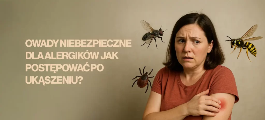 Kobieta z widocznym obrzękiem po ukąszeniu owada na ramieniu, otoczona przez osę, muchę i kleszcza – ilustracja przedstawiająca zagrożenia dla alergików po ukąszeniu owadów.