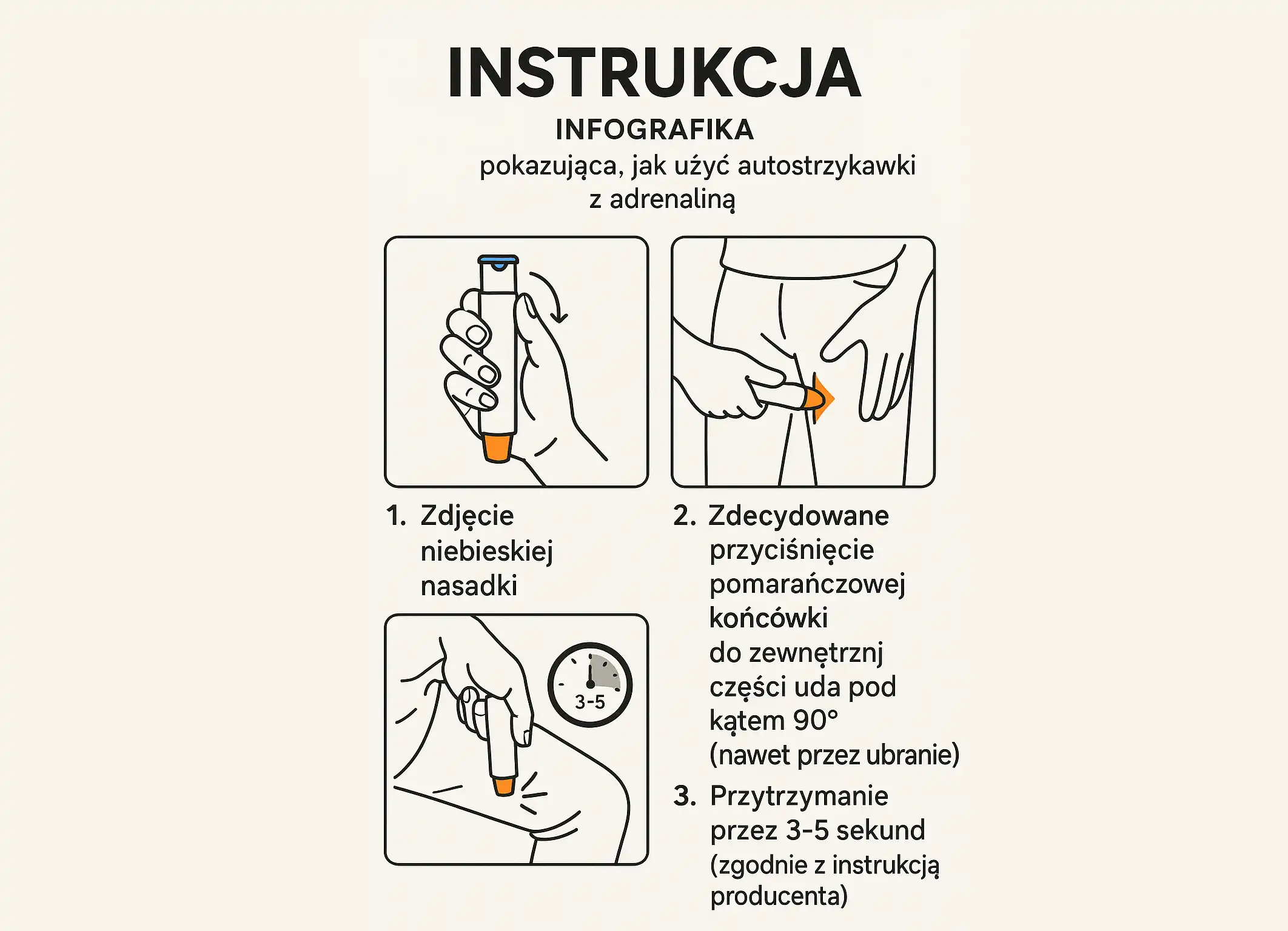 infografika pokazująca, jak użyć autostrzykawki z adrenaliną.