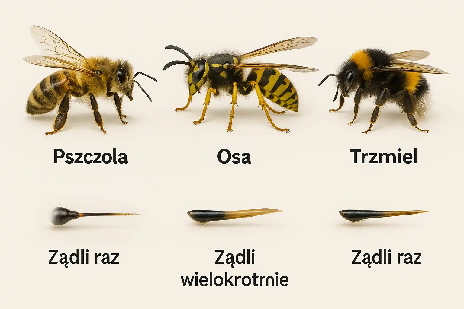infografika pokazująca cztery  Owady niebezpieczne dla alergików obok siebie: pszczołę, osę, i trzmiela