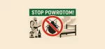 Grafika STOP powrotom pluskiew – technik DDD w kombinezonie prowadzi profesjonalne odpluskwianie sypialni, zakazany znak na sylwetce pluskwy, przekaz zapobiegający ponownej infestacji