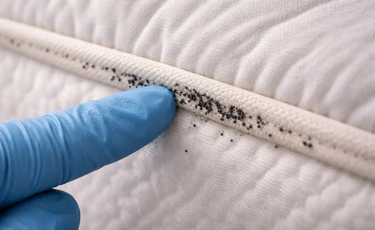Ręka w rękawiczce lateksowej wskazuje na małe, czarne kropki na szwie materaca. Zdjęcie instruktażowe, pokazujące jak wyglądają ślady pluskwy