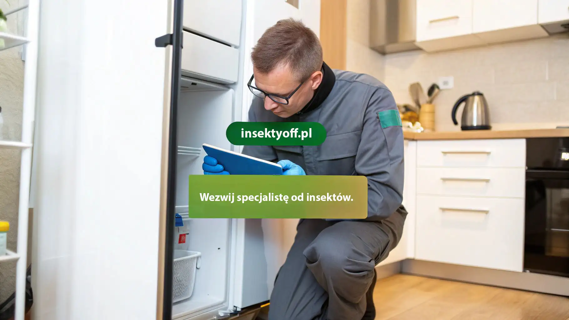 Specjalista ds. dezynsekcji sprawdza lodówkę w kuchni w poszukiwaniu śladów karaluchów
