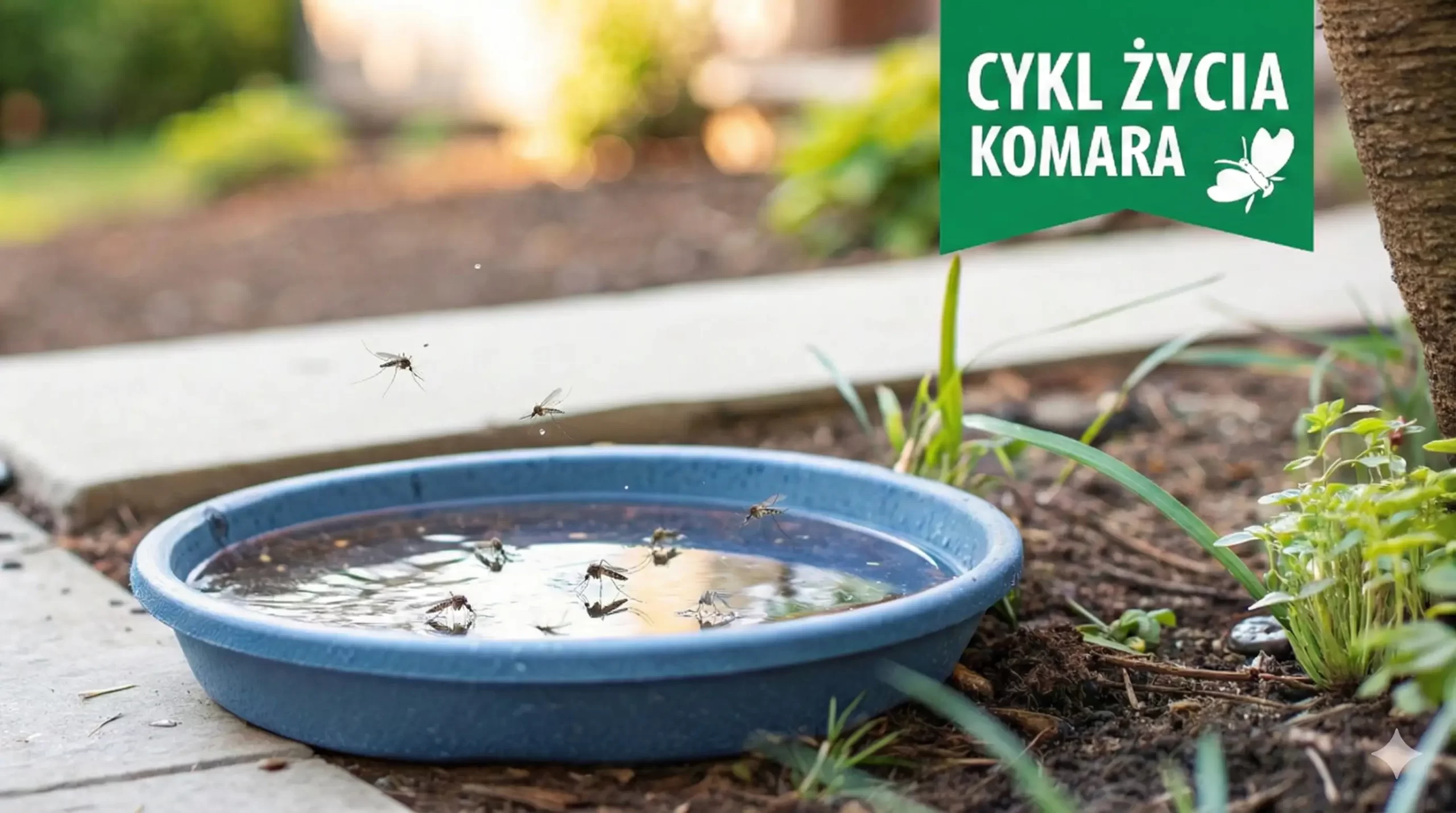 Niebieska miska z wodą w ogrodzie, prawdopodobne miejsce rozmnażania komarów, z napisem "Cykl Życia Komara".