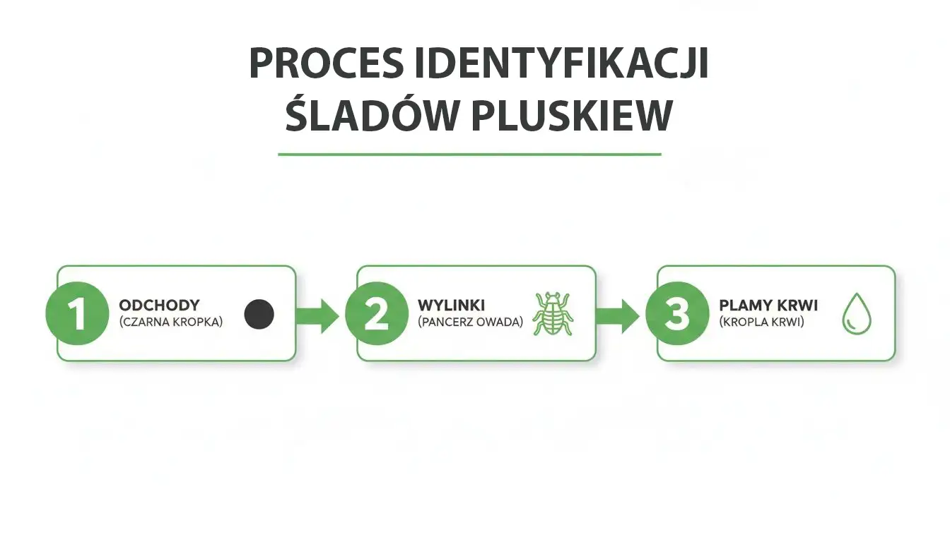 Infografika przedstawiająca proces identyfikacji śladów pluskiew: odchody, wylinki i plamy krwi.