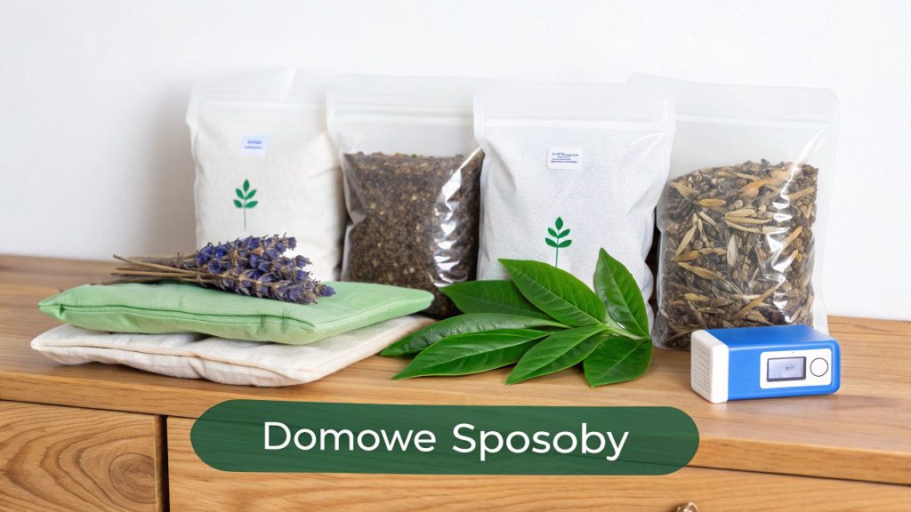 Domowe sposoby i naturalne produkty. Widoczne suszone zioła, lawenda, saszetki i zielone liście na drewnianej powierzchni.