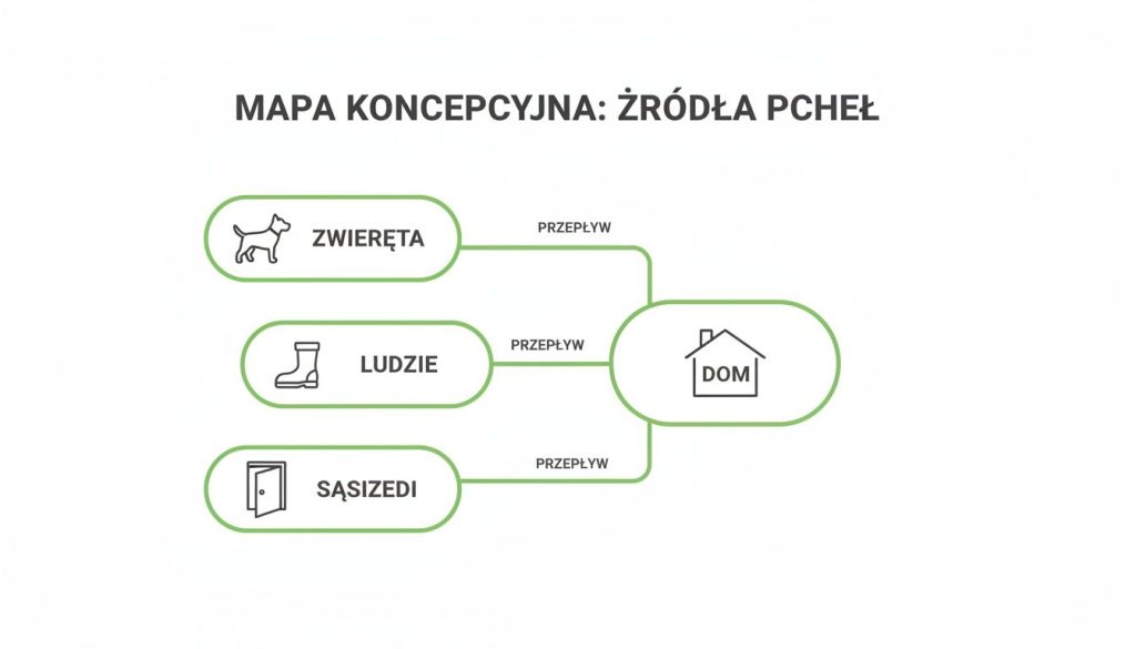 Mapa koncepcyjna przedstawiająca źródła pcheł: zwierzęta, ludzie i sąsiedzi, prowadzące do domu.