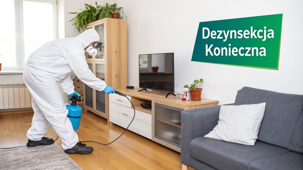 Osoba w białym kombinezonie ochronnym i masce dezynfekuje pomieszczenie mieszkalne, spryskując podłogę i meble, co symbolizuje konieczność dezynsekcji.