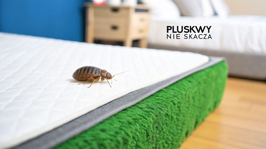 Makro zdjęcie pluskwy na białym materacu w sypialni, obok innego łóżka. Na zdjęciu napis: Pluskwy nie skaczą.