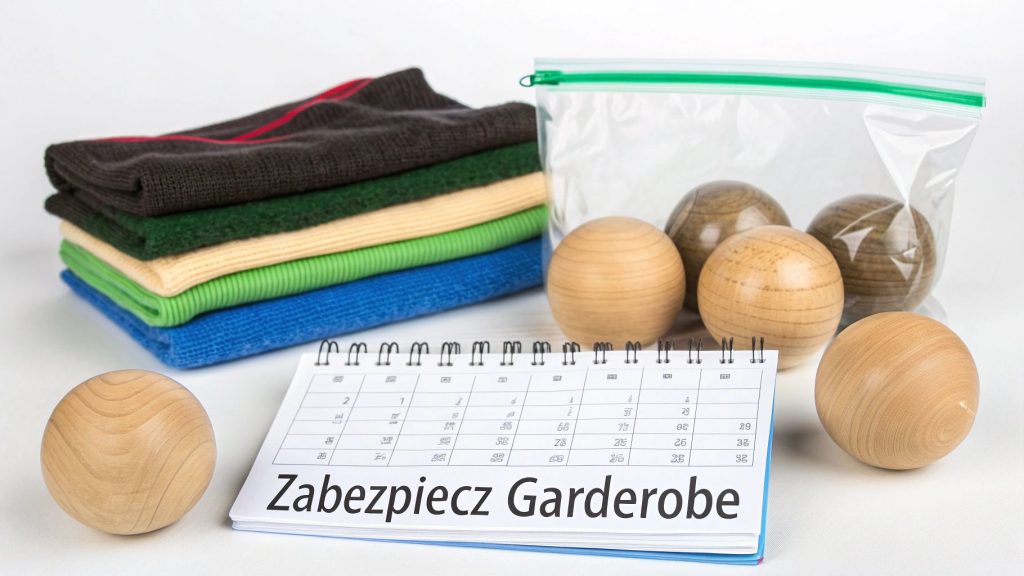 Stos złożonych ubrań, drewniane kulki na mole i kalendarz z napisem 'Zabezpiecz Garderobę'.
