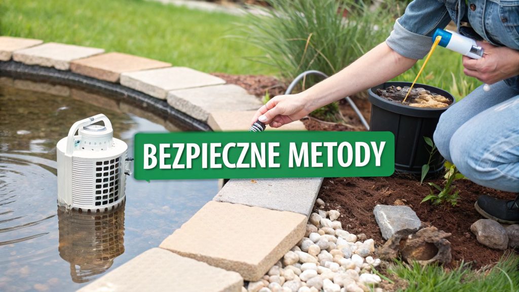 Kobieta stosuje bezpieczne metody pielęgnacji ogrodu z oczkiem wodnym i roślinami, używając specjalistycznego sprzętu.