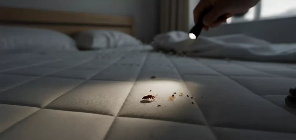 Jak rozpoznać pluskwy w domu? Poradnik domowego detektywa – pluskwa na materacu oświetlona latarką, ślady obecności pluskiew w łóżku