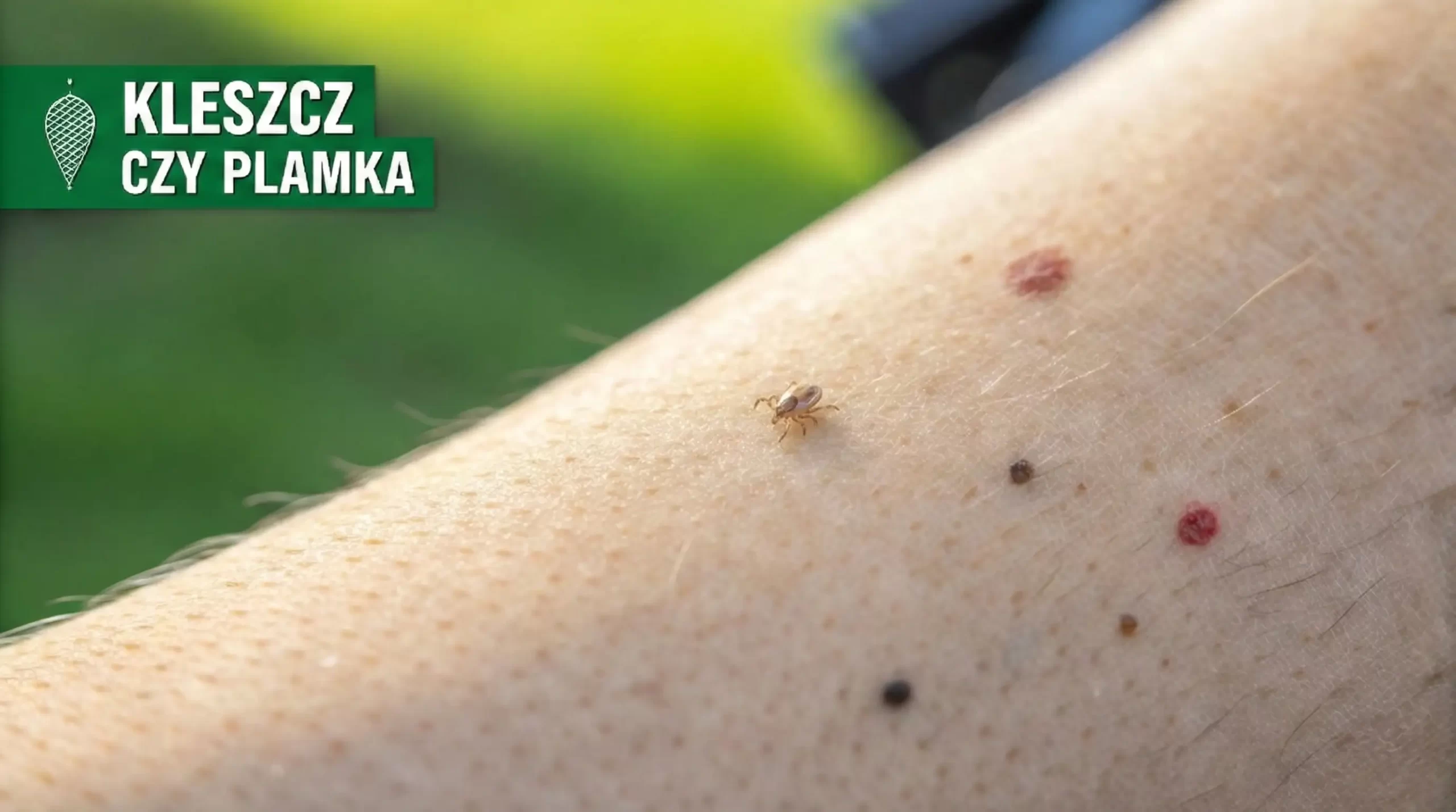 Zbliżenie kleszcza wędrującego po ludzkiej skórze, otoczonego różnymi znamionami i plamkami.