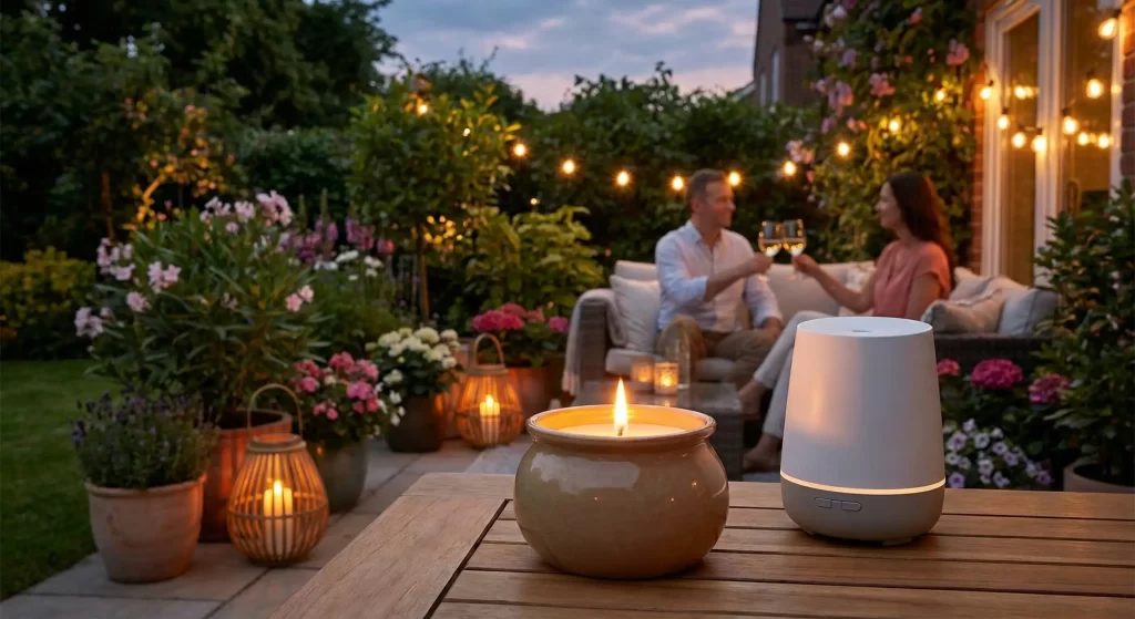 Wieczorny relaks pary na oświetlonym tarasie przy stole ze świecą i dyfuzorem antykomarowym, co ilustruje działanie, jakim charakteryzuje się najskuteczniejszy środek na komary w ogrodzie.