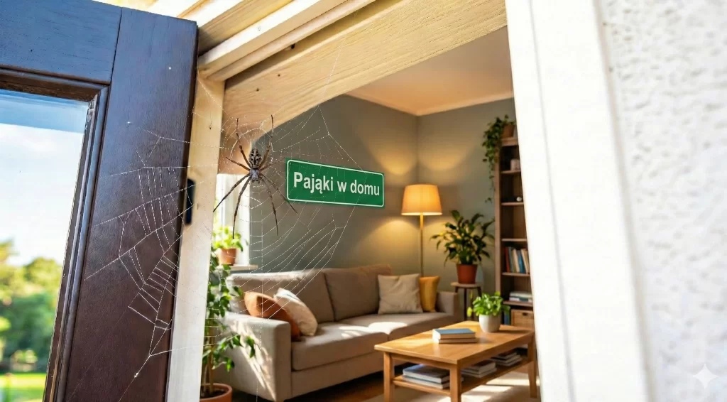 Pająki w domu – duży pająk na pajęczynie przy otwartym oknie, w tle jasny, nowoczesny salon z roślinami i kanapą