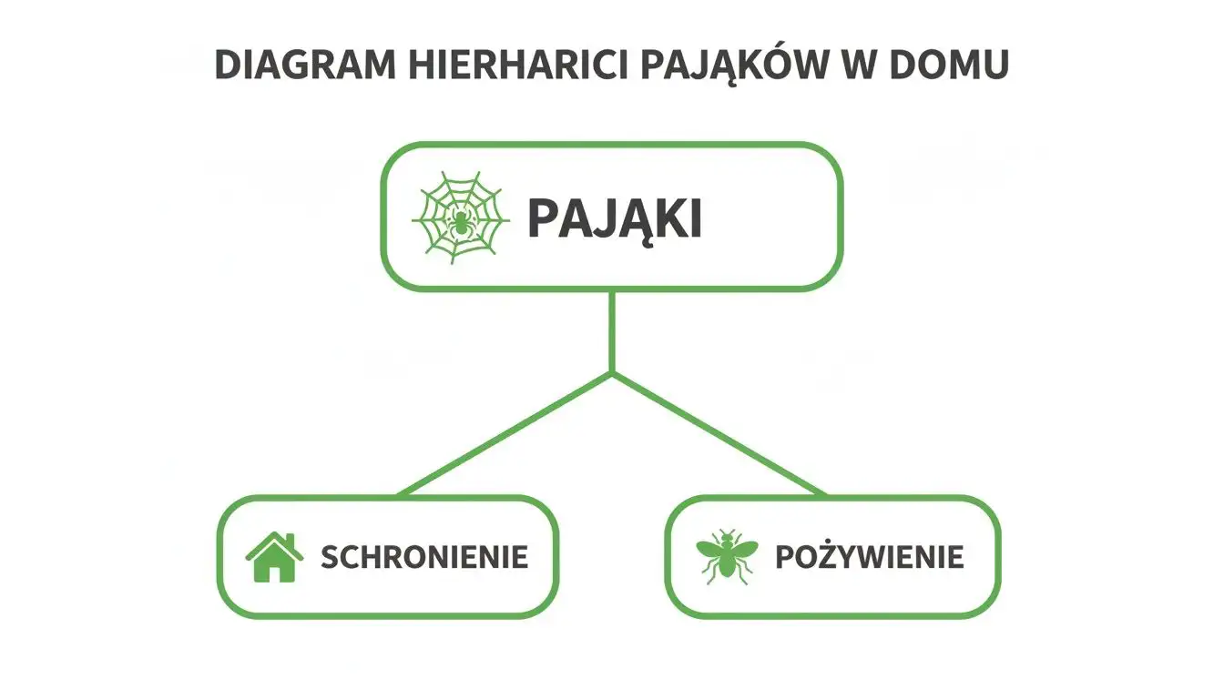 Diagram hierarchii przedstawiający potrzeby pająków w domu: schronienie symbolizowane domkiem oraz pożywienie symbolizowane muchą.