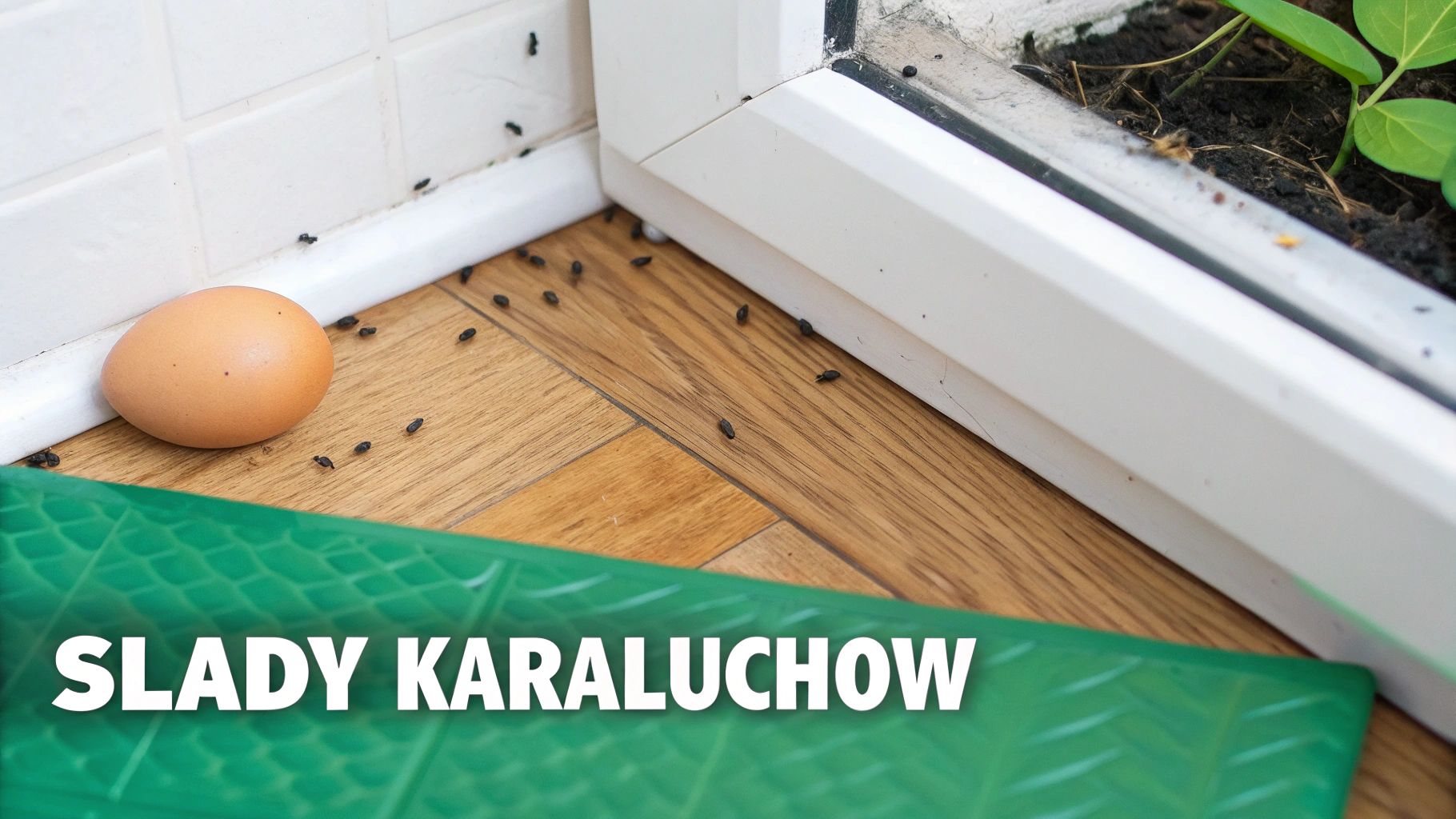 Na drewnianej podłodze, obok jajka i białej listwy, widać liczne czarne ślady karaluchów.