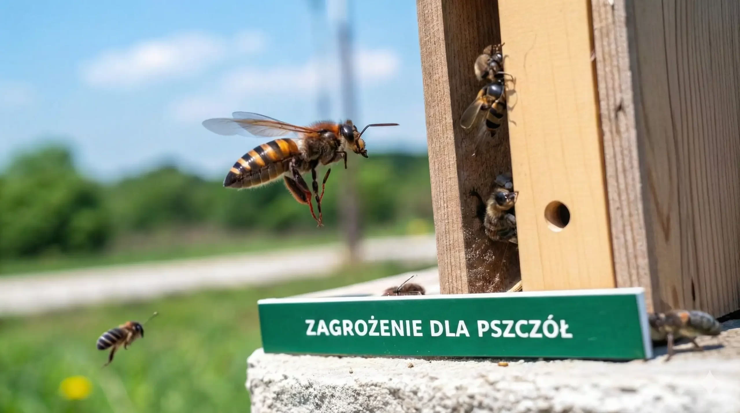 Szerszeń azjatycki leci w kierunku drewnianego domku dla pszczół, z których kilka jest widocznych na zewnątrz.