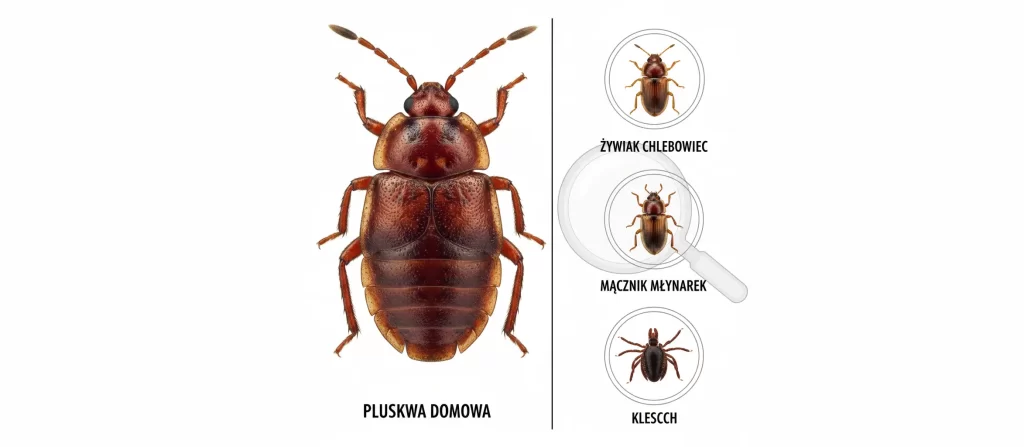 Porównanie graficzne: po lewej stronie duża, szczegółowa ilustracja pluskwy domowej, a po prawej mniejsze owady podobne do pluskwy w kółkach lupy: żywiak chlebowiec, mącznik młynarek oraz kleszcz, na czystym białym tle.