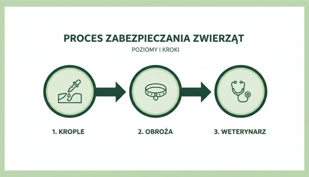 Infografika przedstawiająca proces zabezpieczania zwierząt: krople, obroża i wizyta u weterynarza.