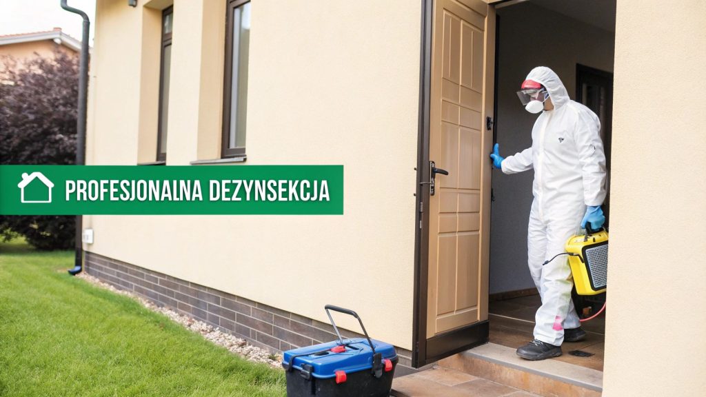 Mężczyzna w kombinezonie ochronnym wchodzi do domu z urządzeniem, obok napis Profesjonalna Dezynsekcja.