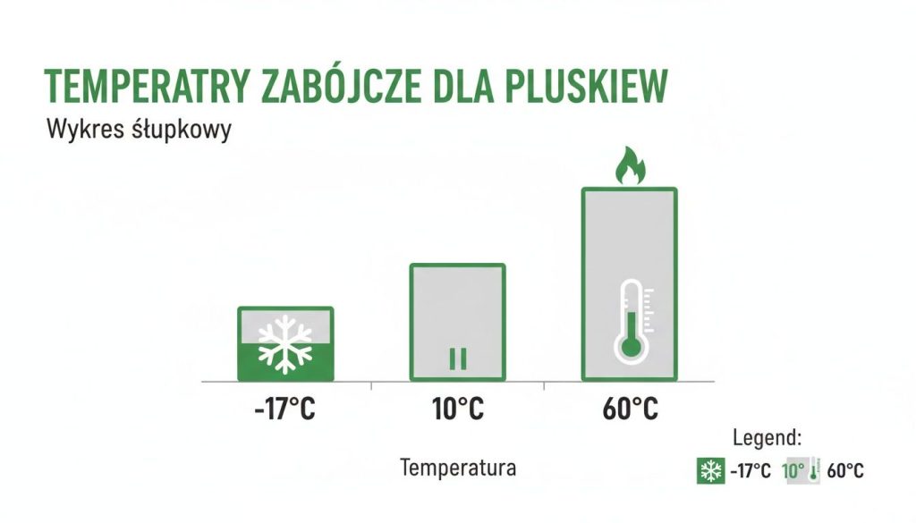 Wykres słupkowy przedstawiający temperatury zabójcze dla pluskiew: -17°C (mróz) i 60°C (upał).