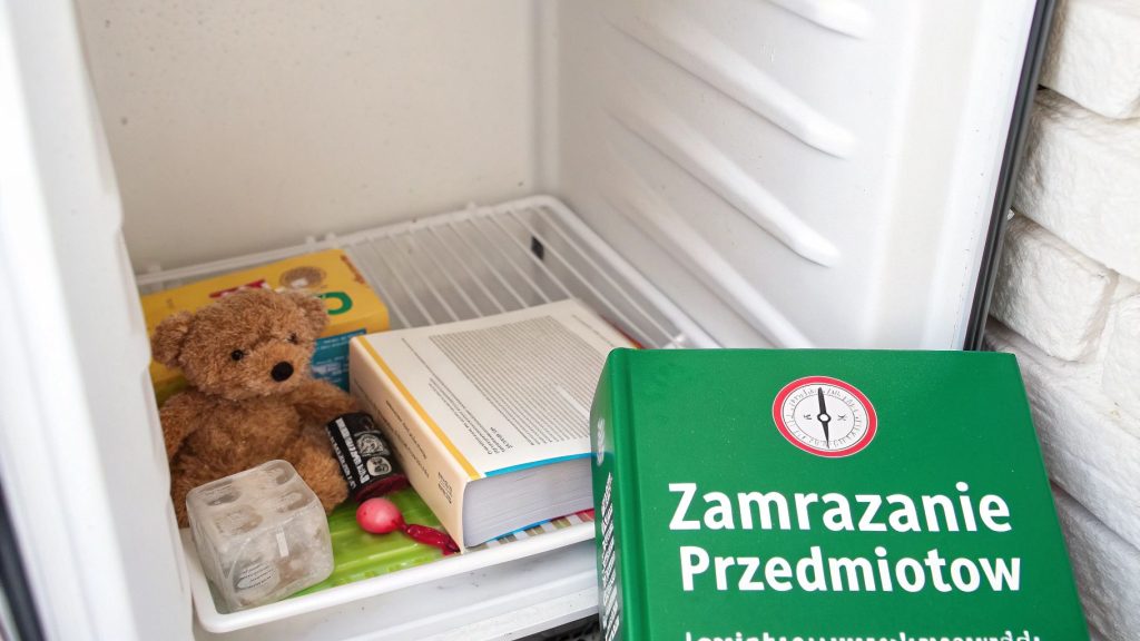 Nietypowe przedmioty, w tym miś, książki i kostka lodu, przechowywane w zamrażarce, z widoczną okładką książki "Zamrażanie Przedmiotów".