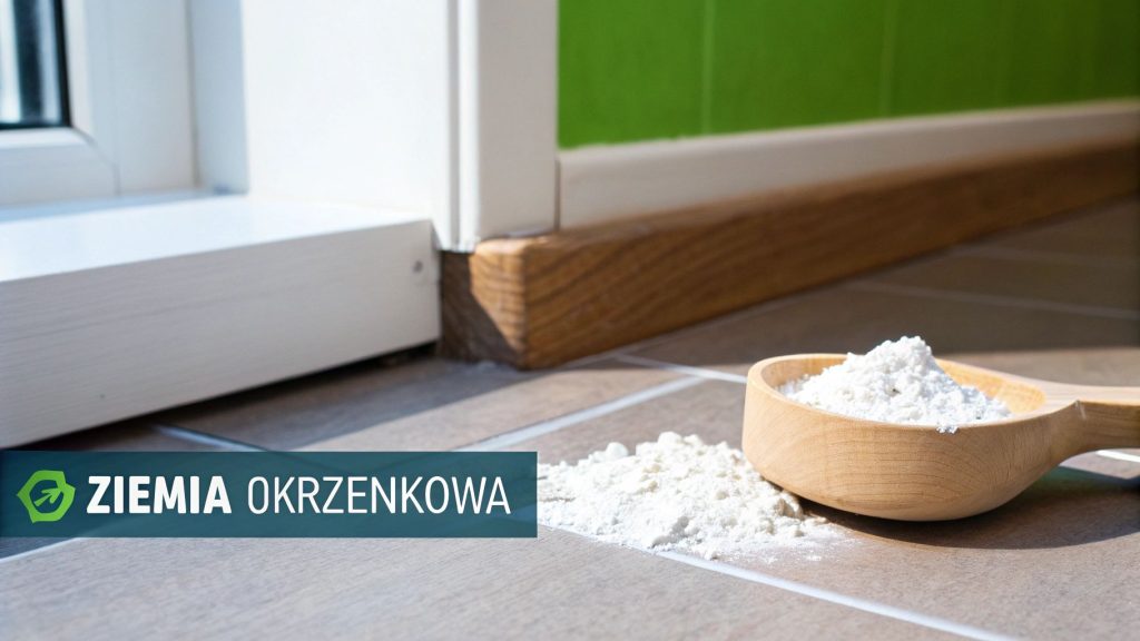 Drewniana miarka z białą ziemią okrzemkową rozsypaną na płytkach, obok białego parapetu i drewnianej listwy przypodłogowej.