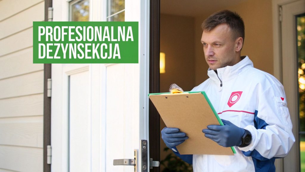 Mężczyzna w uniformie trzymający podkładkę, gotowy do profesjonalnej dezynsekcji domu.