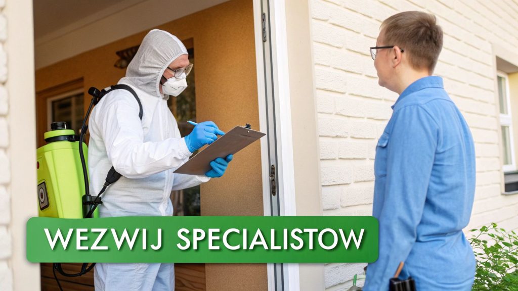Specjalista w kombinezonie ochronnym i masce rozmawia z klientem przy drzwiach, na tle napisu "WEZWIJ SPECJALISTÓW".