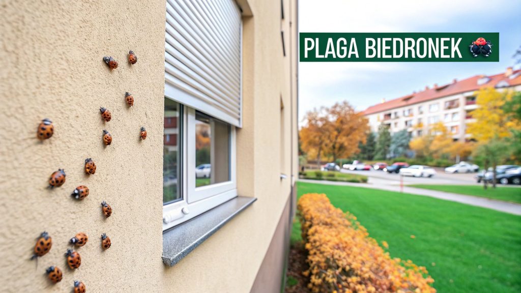 Mnóstwo biedronek na beżowej ścianie budynku obok okna, w tle ulica i jesienne drzewa.