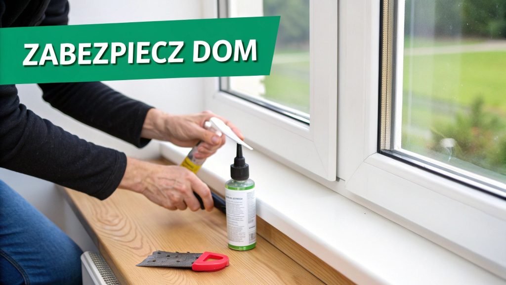 Człowiek nakłada uszczelniacz na białą ramę okienną, zabezpieczając dom przed utratą ciepła i przeciągami.