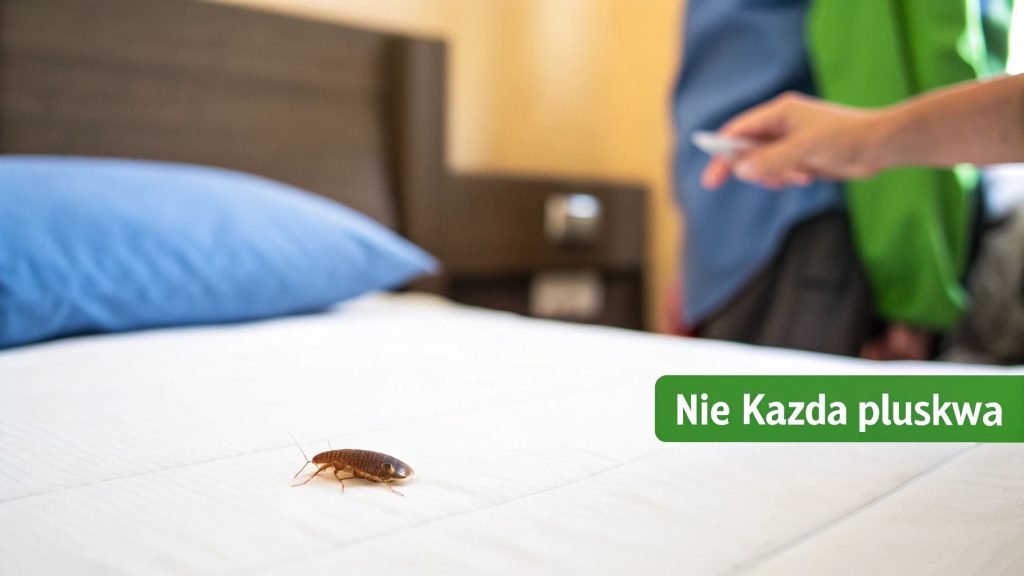 Karaluch na białym materacu w sypialni z niebieską poduszką i napisem 'Nie Każda pluskwa'.