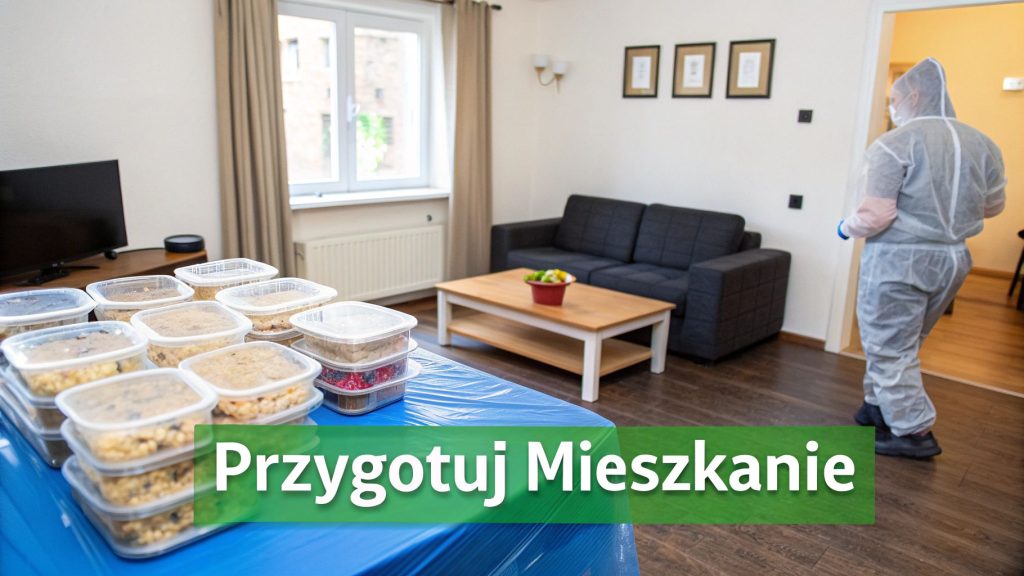 Przygotowane posiłki w pojemnikach na stole w mieszkaniu, obok osoba w kombinezonie ochronnym.