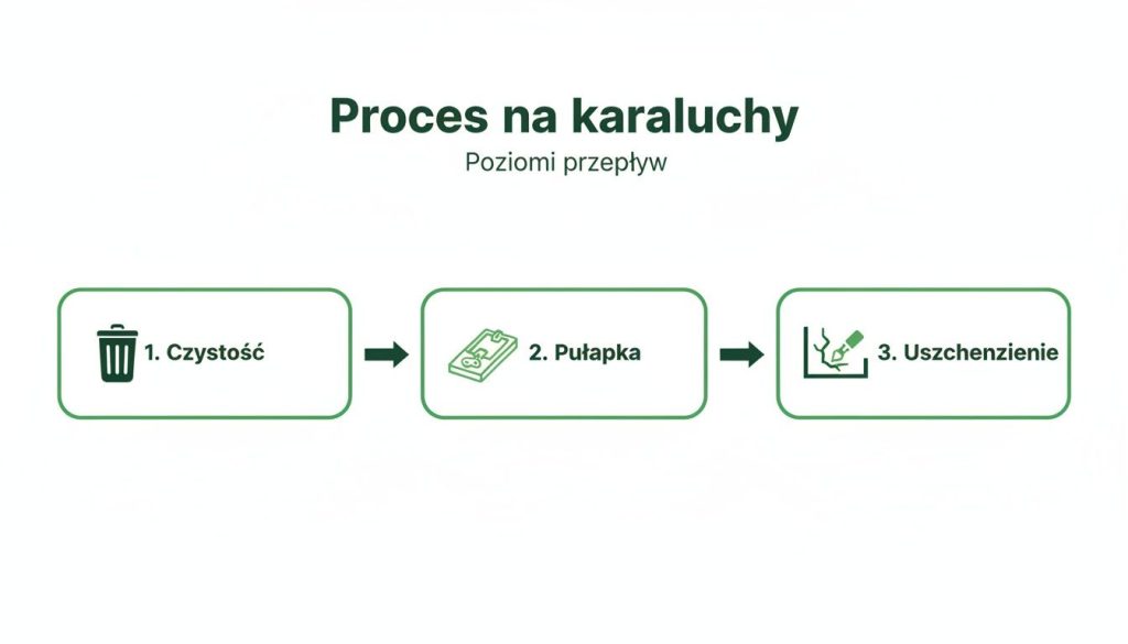 Diagram przedstawiający trzyetapowy proces zwalczania karaluchów: 1. czystość, 2. pułapka i 3. uszczelnienie.