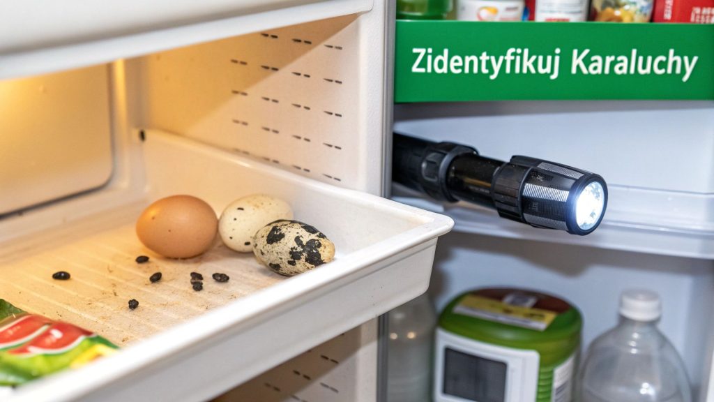 Wnętrze lodówki z jajkami, ciemnymi odchodami i świecącą latarką obok napisu "Zidentyfikuj Karaluchy".