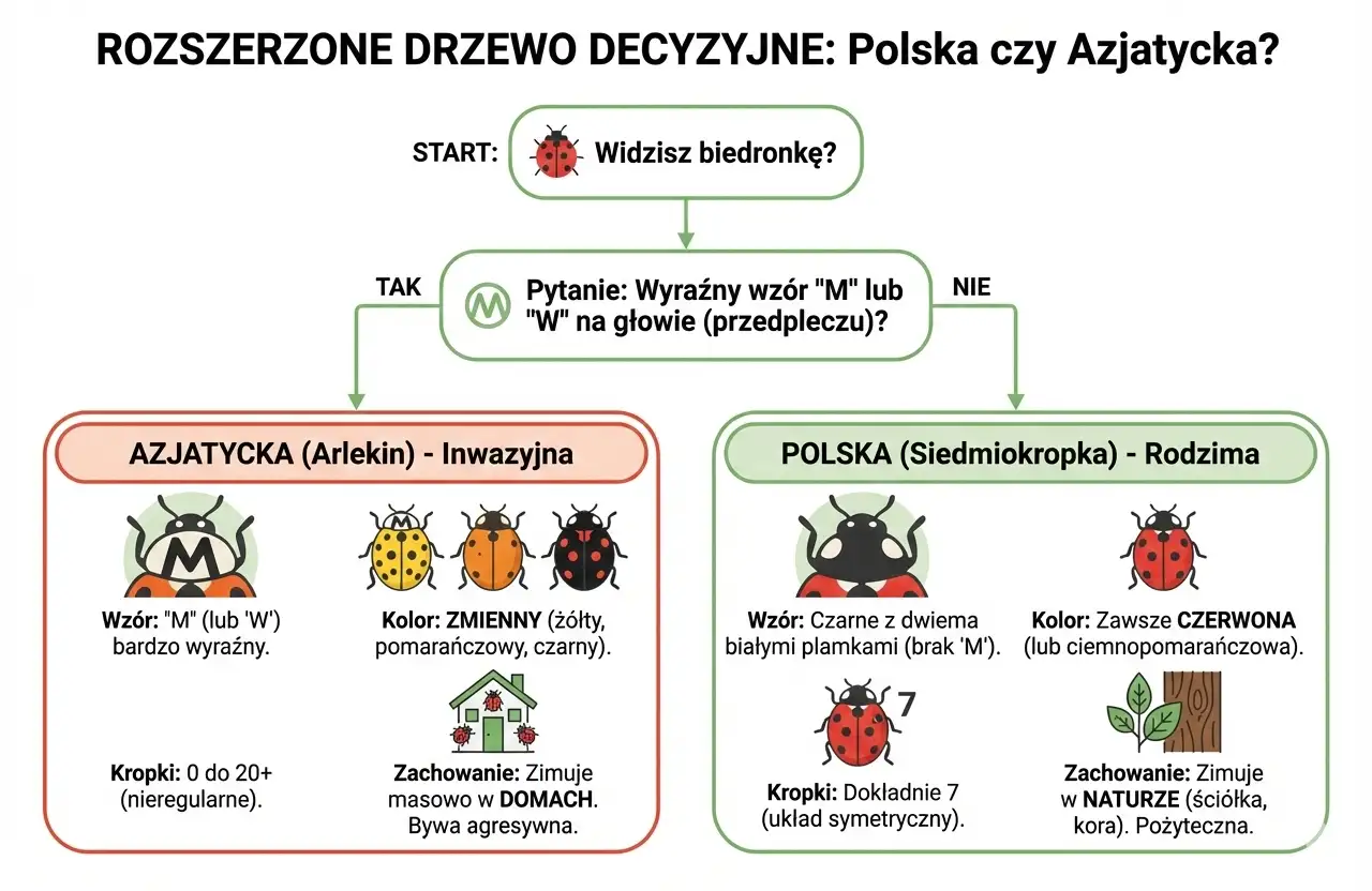 Drzewo decyzyjne do identyfikacji biedronek, rozróżniające biedronkę azjatycką od polskiej na podstawie znaku 'M' na głowie.