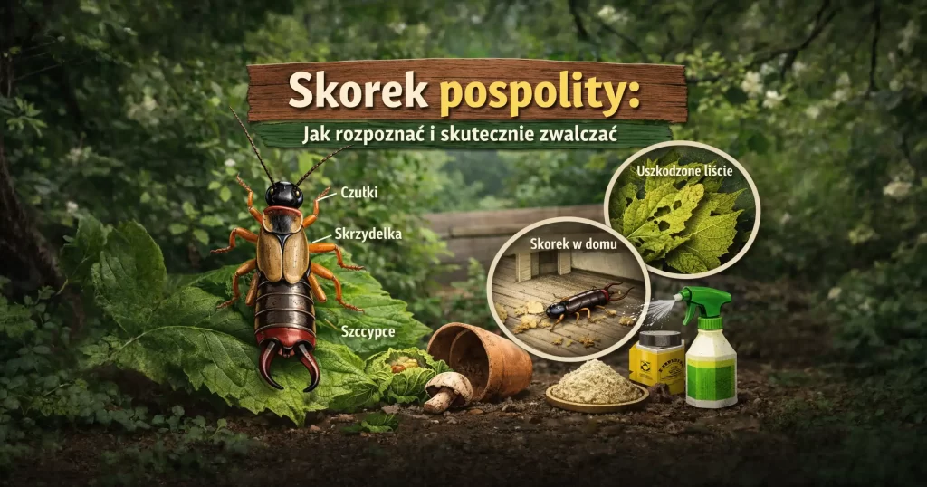 Grafika przedstawiająca skorka pospolitego na zielonym liściu w ogrodzie, z podpisanymi elementami budowy ciała (czułki, skrzydełka, szczypce). Po prawej stronie widoczne zbliżenia uszkodzonych liści oraz skorka w domu, a na dole środki zwalczania – spryskiwacz, preparat owadobójczy i ziemia okrzemkowa. Na górze tytuł artykułu: „Skorek pospolity: Jak rozpoznać i skutecznie zwalczać”.