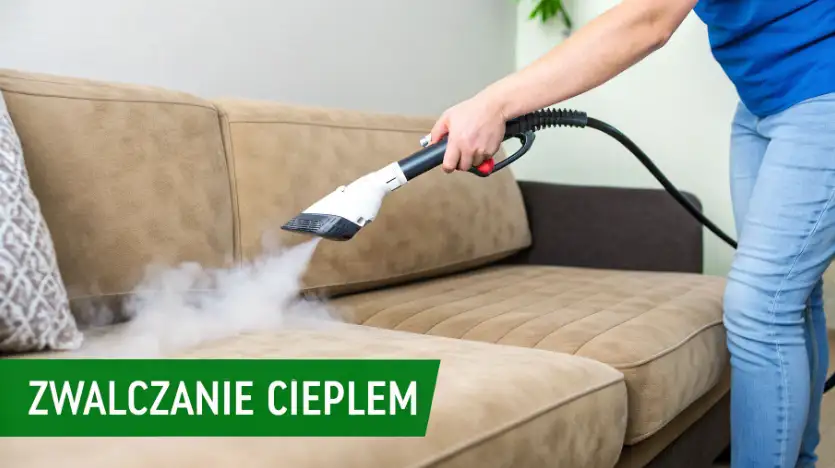 Osoba czyści beżową sofę parownicą, emitującą parę wodną, co wskazuje na dezynfekcję lub odświeżanie mebli.