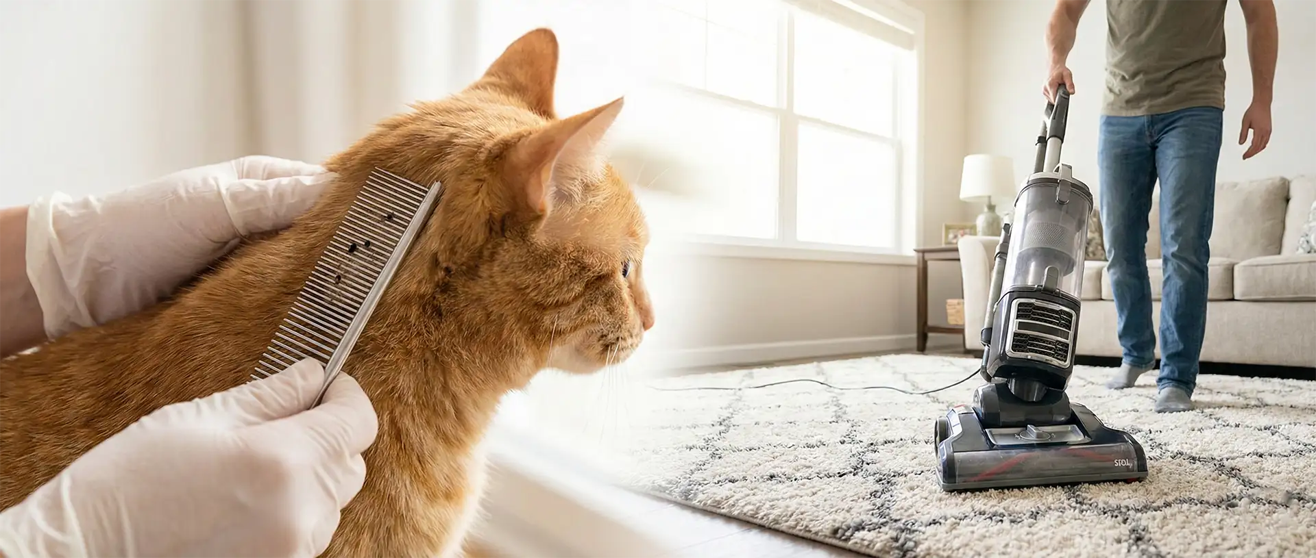 Dwudzielna grafika ilustrująca kompleksowe zwalczanie pchły w domu. Po lewej stronie osoba w białych rękawiczkach wyczesuje rudego kota gęstym grzebieniem przeciwpchelnym, na którym widać czarne punkty. Po prawej stronie mężczyzna dokładnie odkurza jasny dywan w nasłonecznionym salonie.