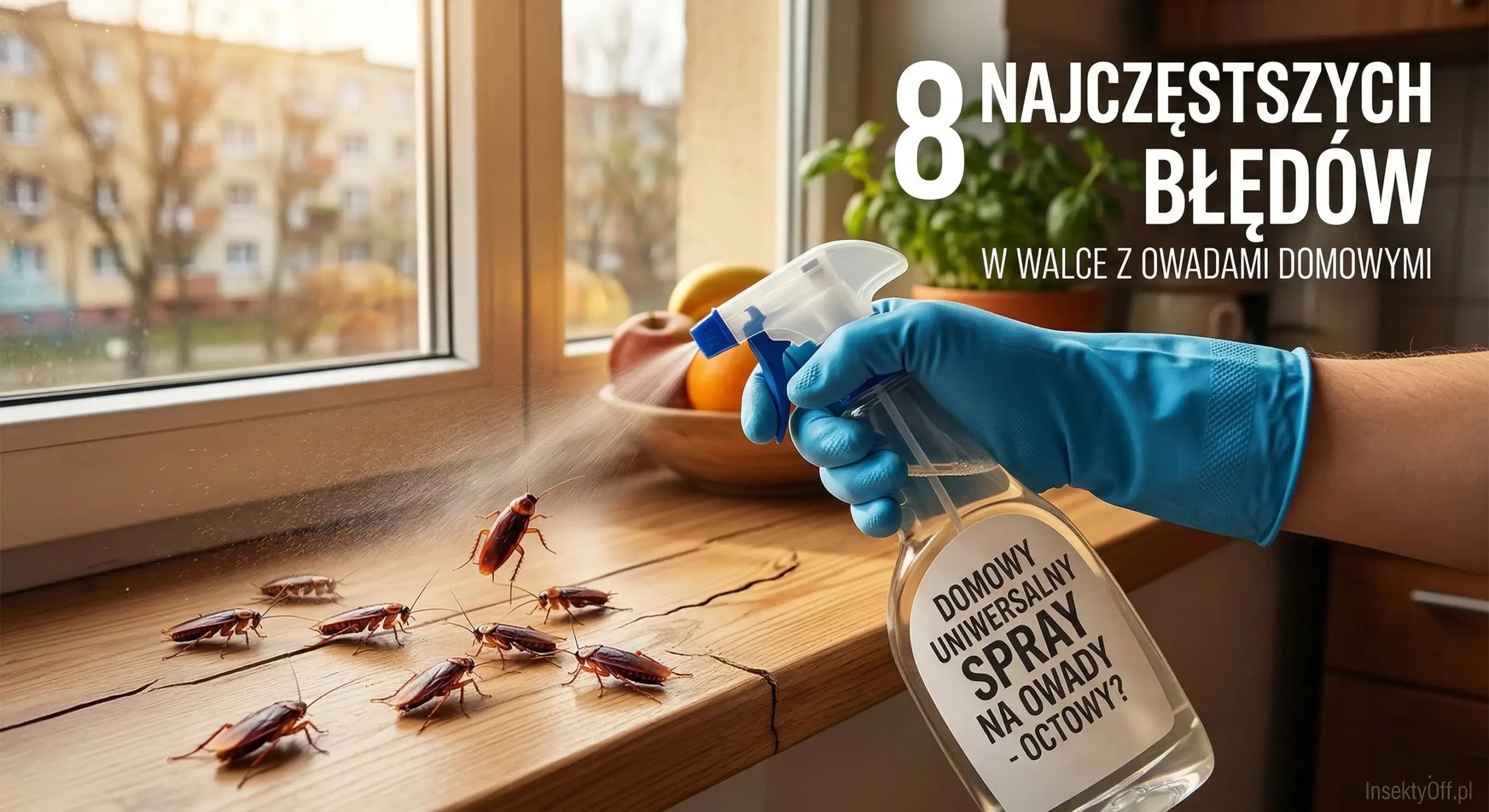 Zwalczanie owadów w domu za pomocą domowego sprayu. Osoba próbuje pozbyć się karaluchów z drewnianego parapetu.