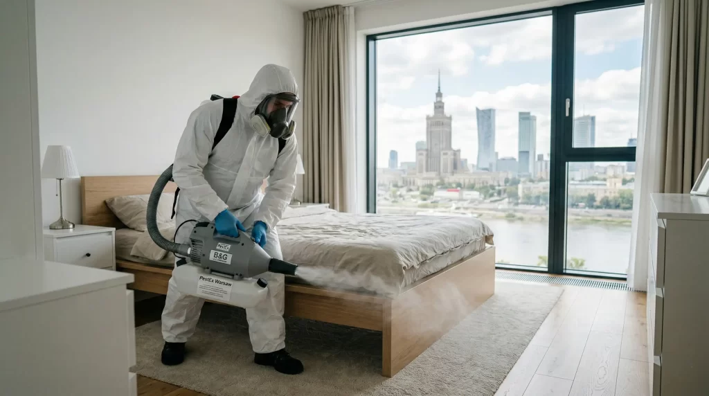 Zdjęcie przedstawia technika w białym kombinezonie ochronnym i masce, który przeprowadza oprysk na pluskwy w Warszawie w sypialni nowoczesnego apartamentu, z widocznym przez okno Pałacem Kultury i Nauki oraz wieżowcami stolicy. Na jego plecach znajduje się opryskiwacz, a w ręku trzyma lancę, kierując strumień preparatu na ramę łóżka. Na kombinezonie widać napis „Insekty” i logotyp, co potwierdza specjalistyczny charakter usługi oprysku na pluskwy w Warszawie.